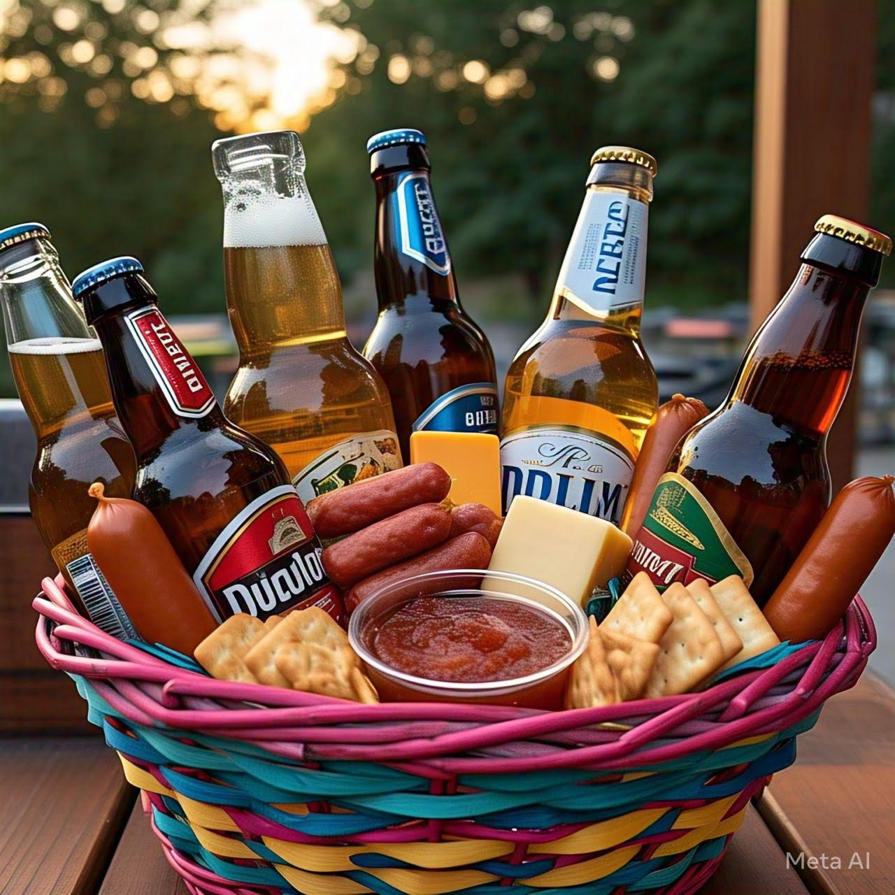 cesta com cerveja e petiscos